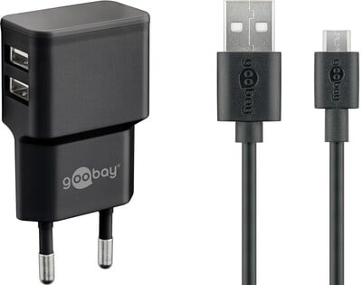 Nabíjačka USB 230V 2port, 2xUSB A, 2.4A, 12W, kábel USB AM/Micro-B 1m v balení, čierna