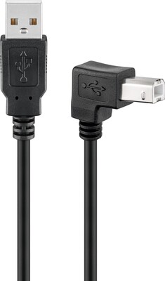 Kábel USB 2.0 A-B M/M 2m, High Speed, čierny, zahnutý 90°