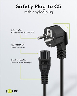 Kábel sieťový 230V pre notebook, vidlica (CEE7/7) lomená - C5, 1.8m, 0.75mm², 2.5A, čierny