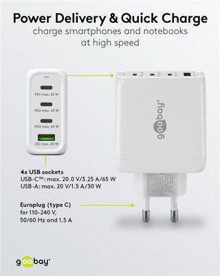 Nabíjačka USB 230V 4port, 1xUSB A, 3xUSB Typ C, 68W, Power Delivery, GaN, čierna