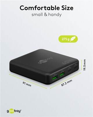 Nabíjačka USB 230V 4port, 2xUSB A, 2xUSB Typ C, 65W, PD, QC 3.0, kábel (C7) 1.5m, GaN, čierna