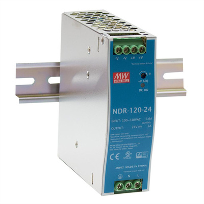 Napájací zdroj MEAN WELL NDR-120-24, montáž na DIN, 120W, 24V DC, 40x125.2x113mm