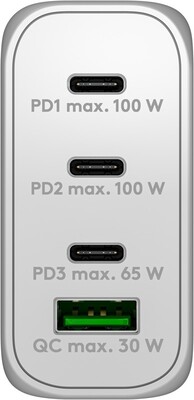 Nabíjačka USB 230V 4port, 1xUSB A, 3xUSB Typ C, 100W, Power Delivery, GaN, biela
