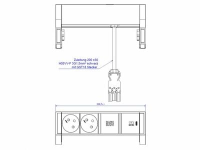 DESK2 2xUTE 230V, nabíjačka (USB C, 30W), 0.2m kábel 1.5mm², GST18, nerezová farba