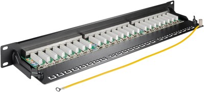 19" Patch panel 24port cat.6a, tienený s uzemnením, celokovový, 1U, čierny