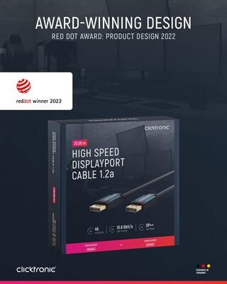 Kábel DisplayPort M/M 20m, 4K@60Hz, DP v1.2, 21.6Gbit/s, modrý, pozl. konektor, ClickTronic