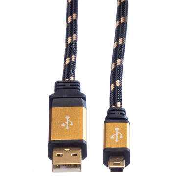 Kábel USB 2.0 A-MINI-B 5pin M/M 1.8m, High Speed, čierny/zlatý, Gold, pozl. konektor