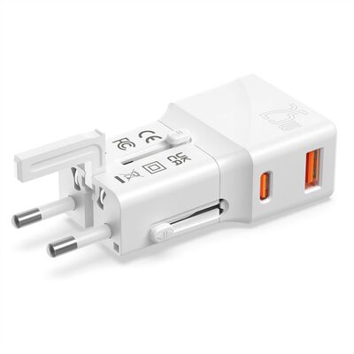 Nabíjačka USB 230V 2port, EU/UK/US, 1xUSB A, 1xUSB Typ C, 25W, PD, QC 3.0, cestovná/skladacia, biela