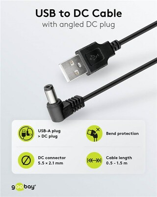 Kábel USB napájací 0.5m na 2.1mm vnútorný / 5.5mm vonkajší jack (zahnutý), čierny