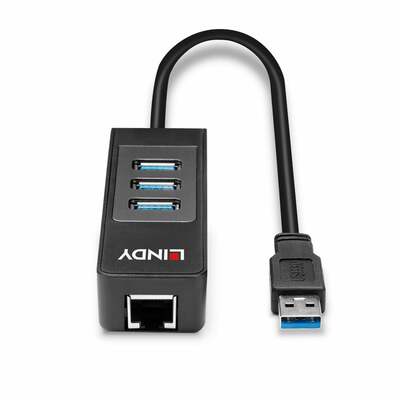 Adaptér USB 3.0 na RJ45 (Gigabit Ethernet), Hub 3x USB 3.0 A, 10cm, čierny