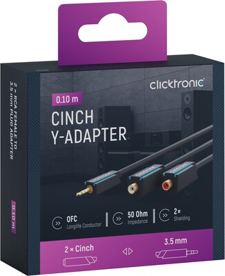 Kábel 3.5mm stereo/2xCinch M/F 0.1m, modrý, pozl. konektor, ClickTronic