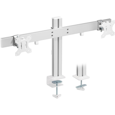 Slatwall držiak pre 2x monitor na stôl, úchyt o dosku, max 16kg, výška 427mm, VESA 75/100, biely