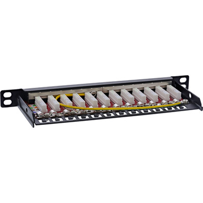 10" Patch panel 12port cat.6a, tienený s uzemnením, celokovový, protiprachové záslepky, 0.5U, čierny