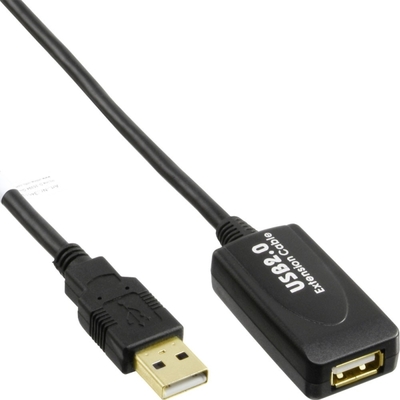Kábel USB 2.0 A-A M/F 10m, High Speed, čierny, predlžovací, aktívny, pozl. kon.