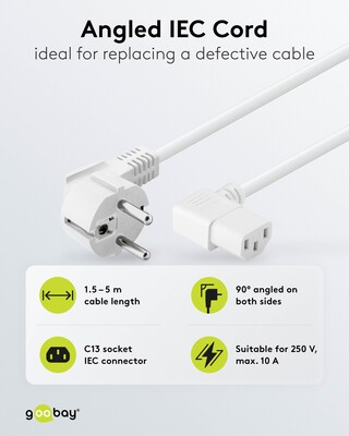 Kábel sieťový 230V, vidlica (CEE7/7) lomená - C13 zahnutý (doprava), 3m, 1.00mm², 10A, biely