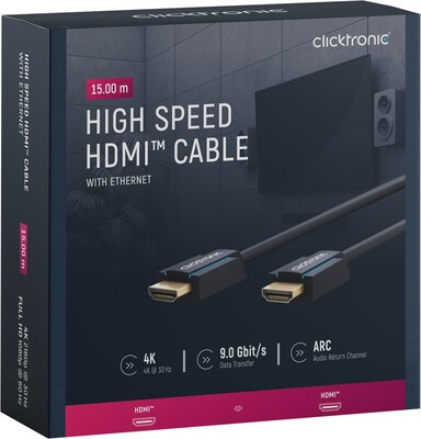 Kábel HDMI M/M 15m, High Speed+Eth, 4K@60Hz, HDMI 2.0, 18G, pozl. konektor, modrý, C