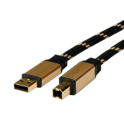 Kábel USB 2.0 A-B M/M 3m, High Speed, čierny/zlatý, Gold, pozl. kon.