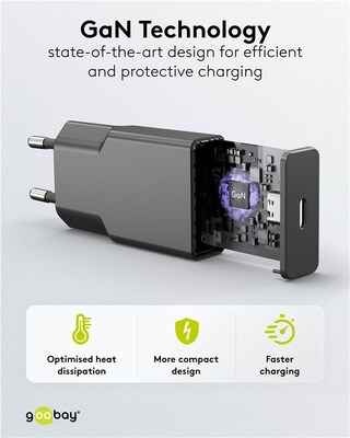 Nabíjačka USB 230V 1x USB Typ C, 20W, GaN, Power Delivery, slim, čierna