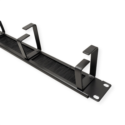 19" Panel vyväzovací, organizér, 4x oko (Typ G) 75mm, 1U, so štetiami, oceľ/plast, čierny