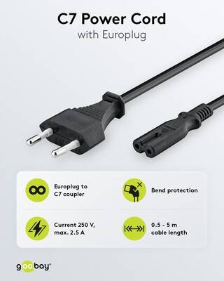Kábel sieťový 230V, 2pin vidlica (CEE7/16) priama - C7 (2pin), 3m, 0.75mm², 2.5A, čierny